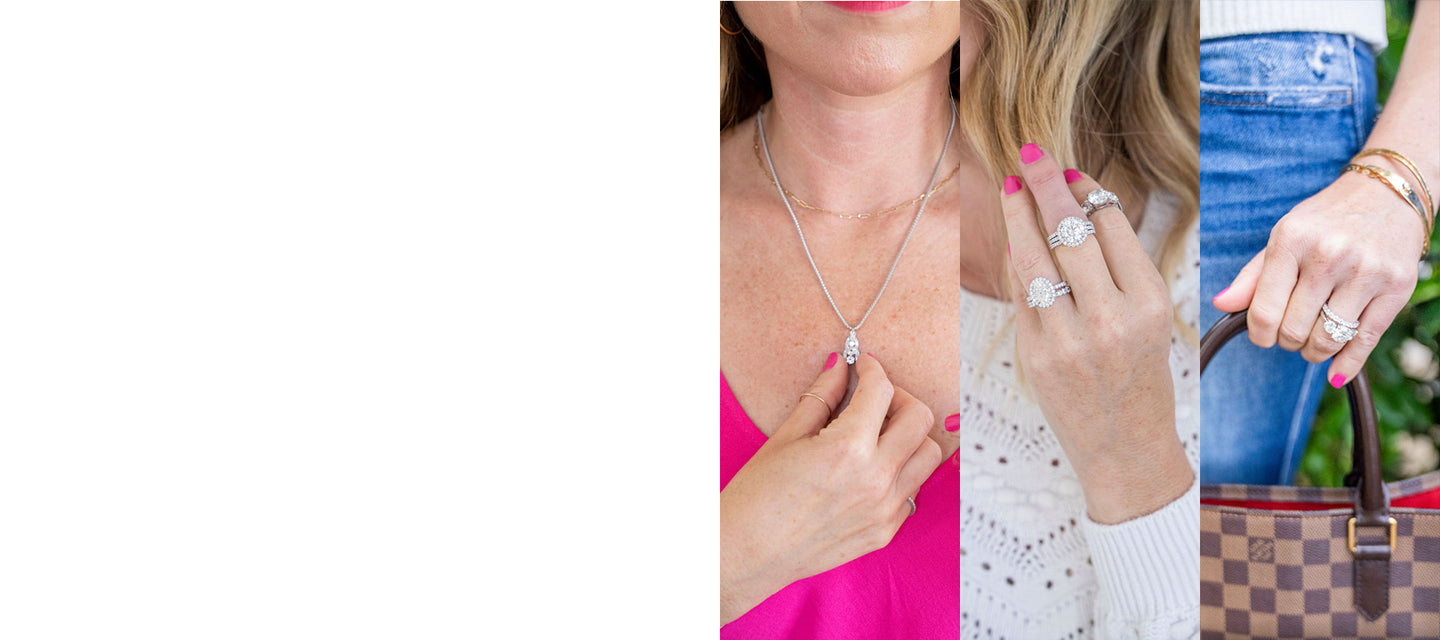 three different vertical images with a woman holding a diamond necklace showing three diamond rings and holding a designer handbag with diamond ring on